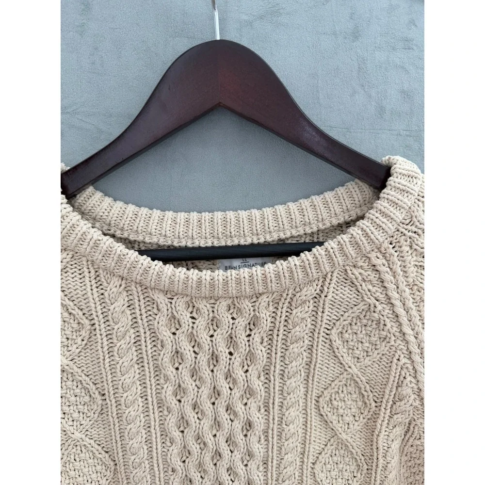 LL Bean Signature Fishermen Cable Knit Sweater Women L Cream Cottagecore Zipper